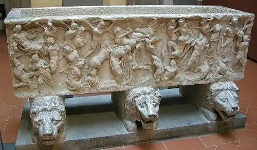 IIe&nbsp;siècle : sarcophage Farnèse illustrant le mythe de Phaéton, sarcophage romain en marbre, Museo dell'Opera del Duomo de Florence.