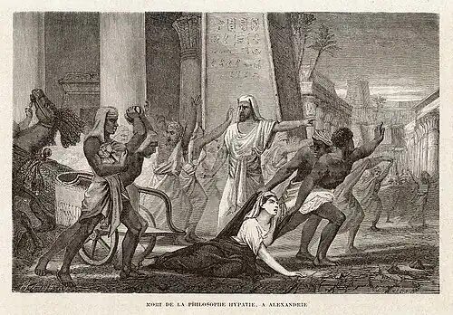 Gravure montrant une foule traînant au sol une femme.