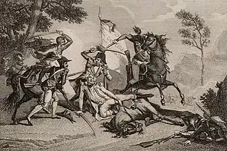 Gravure représentant la mort au combat de Mermet et de son fils, entourés de fantassins et de cavaliers vendéens.