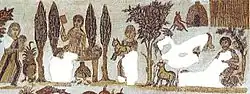 Femme du seigneur assise sur une banquette, entre des bouquets d'arbre et utilisant un éventail
