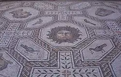 Masque de Méduse cerné de serpents dans un octaèdre entouré de mosaïques d'oiseaux.
