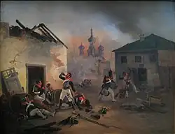 Soldats en maraude au milieu de ruines.