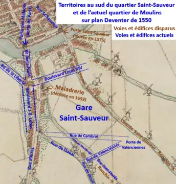 Moulins et sud St-Sauveur vers 1560 sur plan Deventer