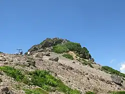 Photo couleur du sommet rocheux d'une montagne sous un ciel bleu.