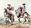 Musiciens-mousquetaires du roi en 1724, hautboïste de la 2e&nbsp;compagnie et tambour de la 1re&nbsp;compagnie.