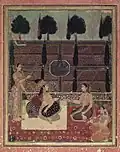 Portrait idéalisé d'une épouse hindoue et ses servantes de la cour moghole au harem Mughal, v. 1700