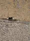 Détail de mur de grange :en torchis avec clayonnage en bois sur soubassement en silex.