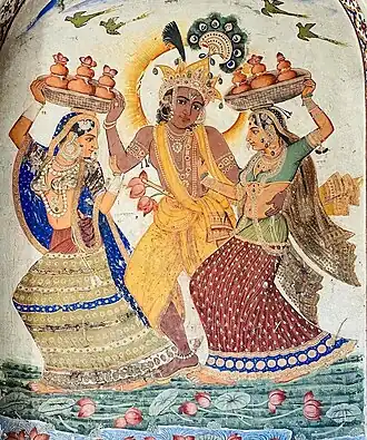 Une rare fresque de Krishna et des gopi dans le style de l'École du Pendjab (sikh). Peinture murale du XIXe siècle au cénotaphe (samadhi) de Sardar Bahadur Lal Singh, Amritsar.