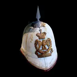 Casque à pointe de l'armée de Madagascar sous Ranavalona III fin XIXe siècle.