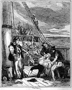 Gravure d'un homme en arme adossé à un mat. Deux marins font s'agenouiller un homme en chemise devant lui tandis qu'une bagarre est visible à l'arrière-plan.