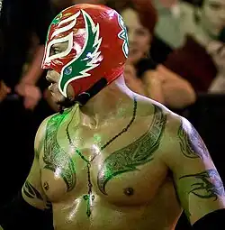 Photographie du catcheur Rey Mysterio (de profil). Il porte un masque rouge laissant apparaître ses yeux, sa bouche et son menton.