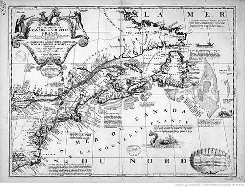 Partie orientale du Canada ou de la Nouvelle France où sont les provinces ou pays de Saguenay, Canada, Acadie etc. les peuples ou nations des Etechemins, Iroquois, Attiquameches etc., avec la Nouvelle Angleterre, la Nouvelle-Écosse, la Nouvelle Yorck et la Virginie, les isles de Terre Neuve, de cap Breton etc., le Grand Banc etc. / dressée sur les mémoires les plus nouveaux par le P. Coronelli