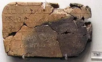 Tablette inscrite en linéaire B, XIIIe&nbsp;siècle&nbsp;av. J.-C., provenant de Mycènes, musée national archéologique d'Athènes.