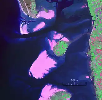 Mandø, avec Koresand (en) proche au sud-ouest, Fanø au nord, Rømø au sud et la terre du Jutland à l'est.