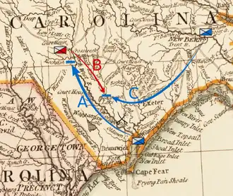 Moore part de Wilmington, dans le sud-est de la province, direction nord-ouest vers Cross Creek dans le centre-sud de la province.