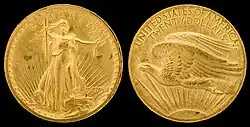 Deux faces d'une pièce de monnaie. L'une avec une femme portant un flambeau dans sa main droite et un rameeau dans la gauche et l'autre avec un aigle volant vers la gauche.