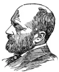 Gravure à la plume. Visage de profil, carré, traits saillants, 45-50 ans, front dégarni, barbe taillée fournie