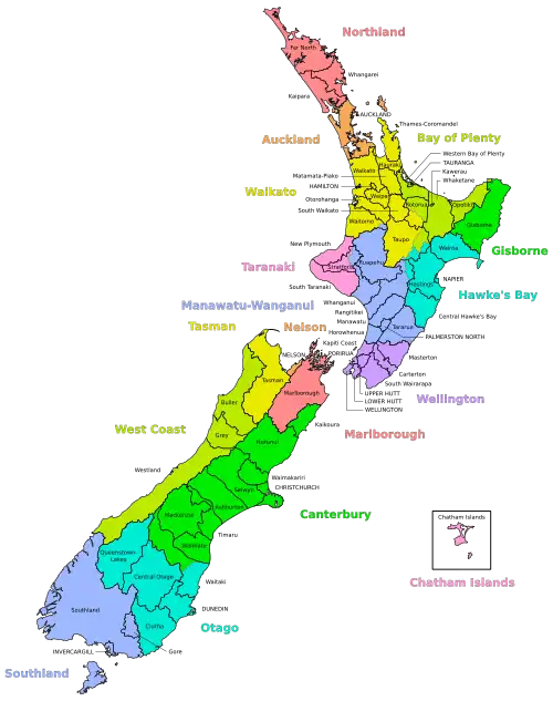 Carte de la Nouvelle-Zélande montrant une division administrative en districts.