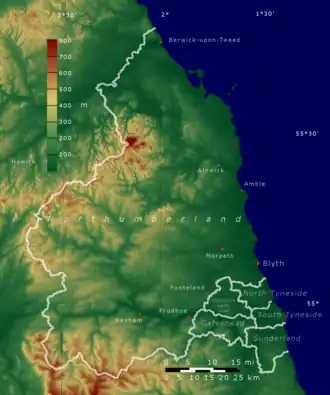 Carte topographique du Northumberland avec les monts Cheviot au nord-ouest.