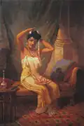 Dame Nair ornant ses cheveux. Tableau de Raja Ravi Varma réalisé en 1873.