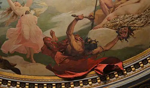 Un homme couché ; son vêtement rouge est prolongé hors de la toile par de la tôle de même couleur, créant une illusion d'optique.