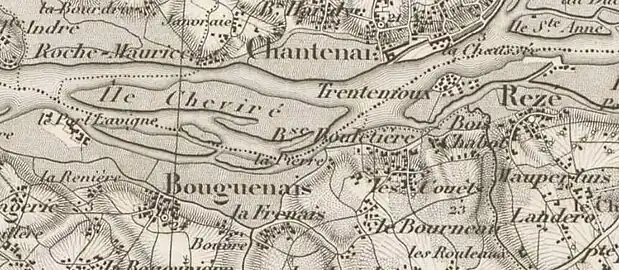 Île de Cheviré représentée sur un extrait de la carte Nantes et les Îles de la Loire (1850)