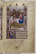 Nativité, début des psaumes avec une lettrine représentant David jouant de la harpe, f.85r