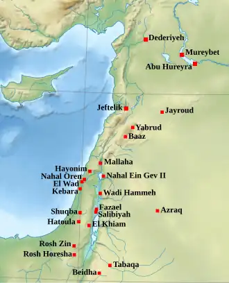 Carte du Levant avec localisation de sites archéologiques.