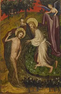 Anonyme Bourguignon, Saint Jean baptisant le Christ, v.1400, recto du panneau de l'Annonciation. Panneau issu du Quadriptypique de la vie du Christ. Walters Art Museum.