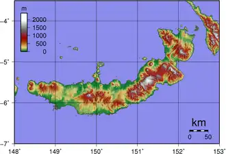 Carte topographique de la Nouvelle-Bretagne avec les monts Baining situés dans la péninsule de Gazelle