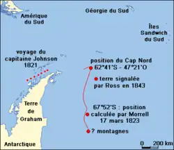 Carte sommaire montrant sur une carte moderne le lieu d'éventuelles terres découvertes par Morrell.