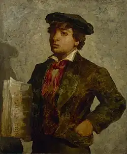 Portrait à l'huile d'un jeune garçon afro-américain portant un chapeau de journaliste et un journal dans la main droite.