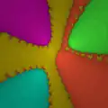 Fractale de Newton pour p(z) = z5 - 3iz3 -(5+2i)z2 + 3z + 1, coloré par racine atteinte.