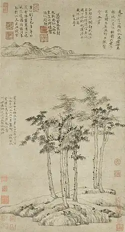 Les Six gentilshommes . Ni Zan (1301-1374). Rouleau vertical, 1345. Encre sur papier, 64,3&nbsp;×&nbsp;46,6&nbsp;cm. Musée de Shanghai.