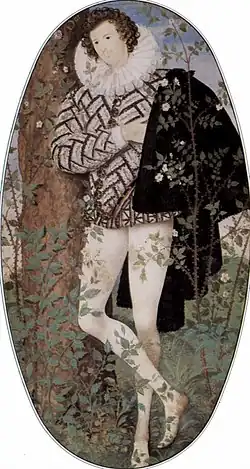 Jeune homme dans un arrière plan de roses, 1588, « très certainement » Robert Devereux, 2e comte d'Essex, d’après Roy Strong, V&A