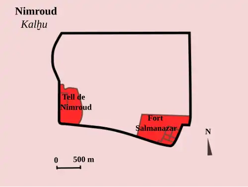 Kalkhu (Nimroud) au VIIIe&nbsp;siècle : centre politico-religieux sur le tell de Nimroud, et arsenal, le « Fort Salmanazar » (tell ʿAzar), surplombant la ville basse qui s'étend au nord.