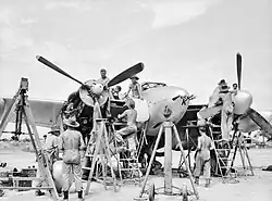 Photo noir et blanc. Maintenance d'un avion à hélices bimoteur sur une piste. Échelles et échafaudages sont en place.