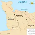 Carte montrant les dédicaces paroissiales aux saints du diocèse de Coutances avec des ronds noirs et du diocèse de Bayeux avec des ronds blancs
