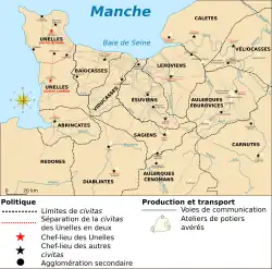 Ateliers de potiers avérés avec les chefs-lieux de civitates dans le territoire normand à l'époque romaine. Les noms des localités en latin sont en rouge et les noms actuels sont en noir