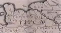 Carte réalisée en 1640 sur fond rose clair montrant les sièges épiscopaux en Normandie