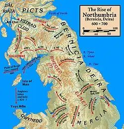 Carte du nord de l'Angleterre montrant les conquêtes anglo-saxonnes vers l'ouest.
