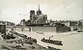 La morgue du quai de l'Archevêché à la pointe est de l'île de la Cité, vue de la Seine en 1881.