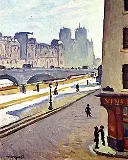 Tableau dans des tons clairs et lumineux avec angle d'immeuble au premier plan à droite, puis quai avec petits personnages, et au loin pont, immeubles, silhouette de cathédrale