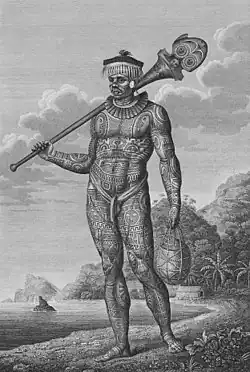 Guerrier de Nuku Hiva tatoué et portant son u'u.