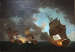 Combat de La Nymphe et l'Amphitrite contre l'Argo, 17 février 1783, huile sur toile d'Auguste-Louis de Rossel, 1790, Musée national de la Marine, Paris.
