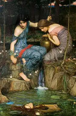 Deux jeunes femmes vêtues de légères robes drapées, l'une de couleur bleu vif ornée d'une ceinture rouge, l'autre grise et rose, les pieds nus posés sur les pierres où elles sont assises, penchées au-dessus d'une pièce d'eau formée, à l'orée d'un bois, par une source à laquelle elles venaient emplir une amphore, découvrent, flottant à la surface, la tête d'Orphée.
