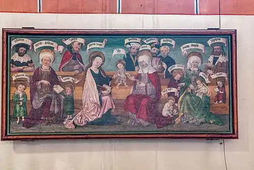 Sainte Anne (vêtue de rouge) avec ses trois époux en arrière-plan, Rhénanie, XVIe siècle.