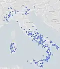 Carte des toponymes dédiés à Victor-Emmanuel en Italie en 2019.