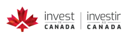 Une feuille d'érable stylisée dans les tons rouges et les mots "invest in CANADA /investir au Canada" en noir.