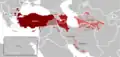 Aire de diffusion des langues oghouzes (langues fortement apparentées dont le turc fait partie).
